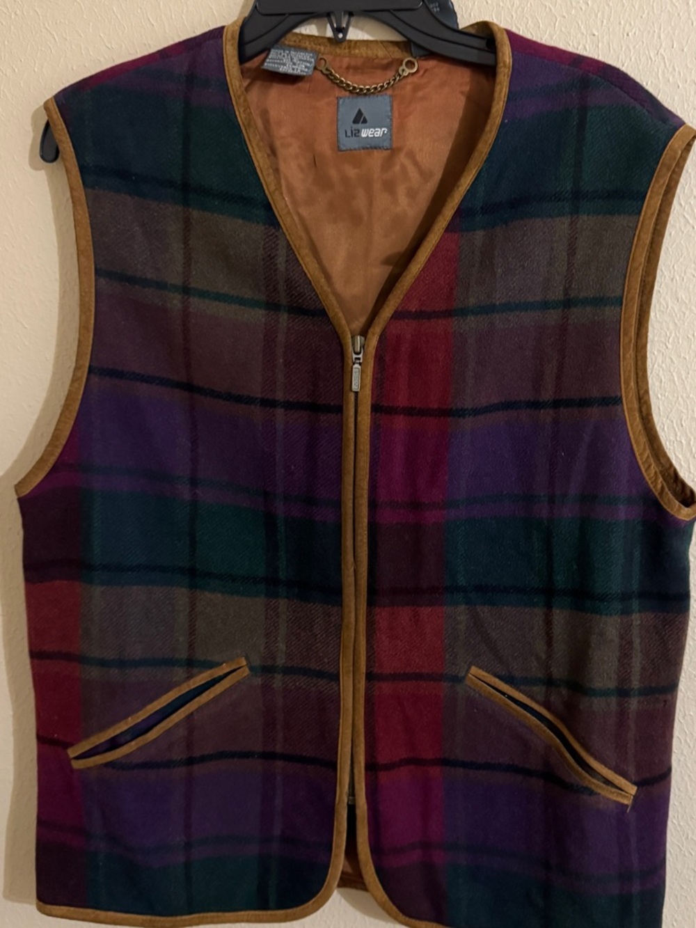 Liz Wear Vintage Plaid Wool Nylon Vest Suede Trim Size M Pockets Rodeo Western